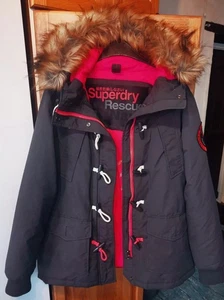 Superdry Rescue Coat Jacket Black & Red L Detachable Fur on Hood Pockets VGC - Picture 1 of 5