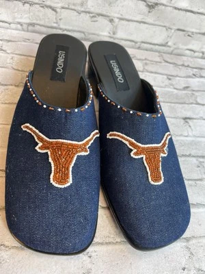 Women’s Texas Longhorns UT 9 Usindo Beaded Denim Slides Mules Shoes Sz 9 - Image 1 of 4