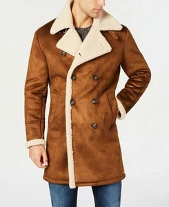 GUESS Mens Double Breasted Faux Shearling Overcoat Brown Small - Picture 1 of 9