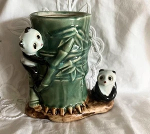 Vintage 1960's Majolica Pottery Panda Bears Bamboo Glazed Pottery Planter - Picture 1 of 6