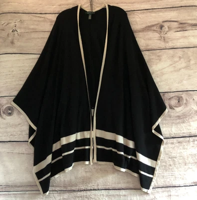 Cardigã xale poncho listrado mistura lã preta suéter G/XL Ralph Lauren - Imagem 1 de 4