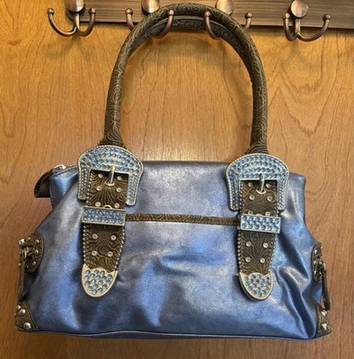KATHY VAN ZEELAND WESTERN STYLE SACTCHEL HANDBAG BLUE METALLIC RHINESTONE BUCKLE - Image 1 of 4