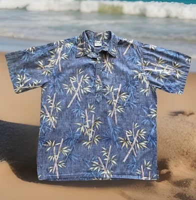 GO босиком Гавайи мужской размер L синий шамбре бамбука цветочный принт пуловер рубашка - Изображение 1 из 4