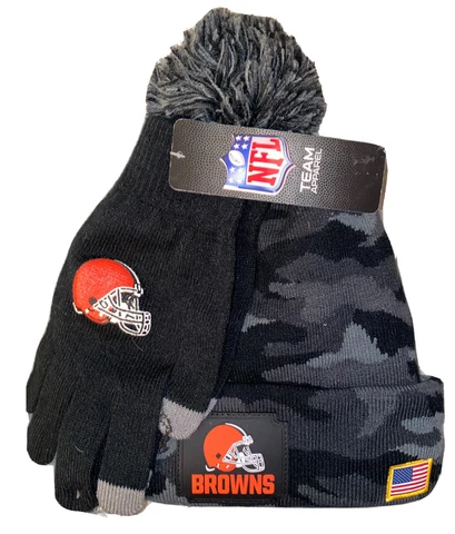 Cleveland Browns Beanie & Gloves Set Black Blue Camouflage NWT Cover