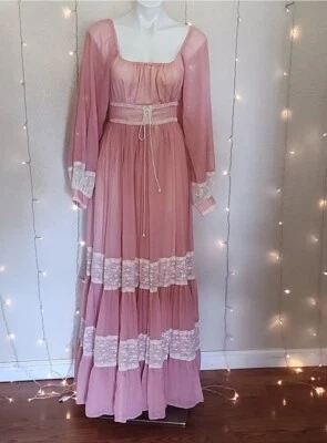 Vintage 70s Dress Women's Party Prairie Gunne Sax Maxi  Long Pink  Lace Trim - Image 1 of 4