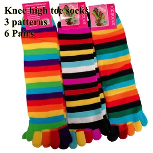 6 pairs Womens Ladies Girls Toe Socks Stripe Rainbow Knee high Fashion assorted - Picture 1 of 8
