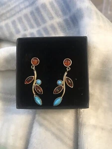 Vintage Bijou Amber and Turquoise Dangle Earrings with box - Picture 1 of 2