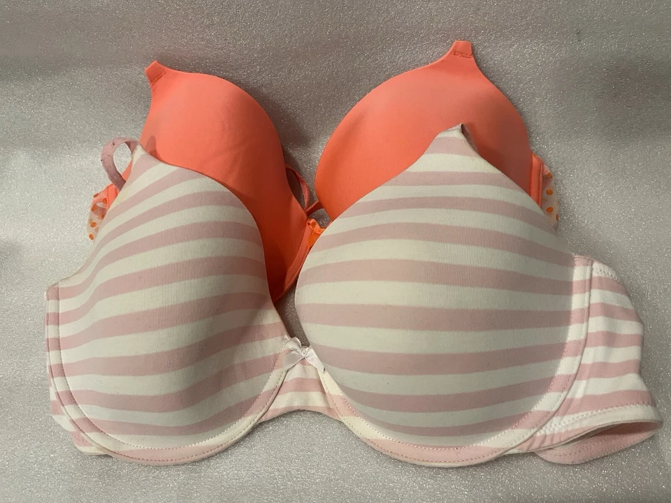 2 Sujetadores Victoria's Secret Forrados Cobertura Perfecta - Talla 36D Rosa Rayas, Naranja Foto 1 de 4