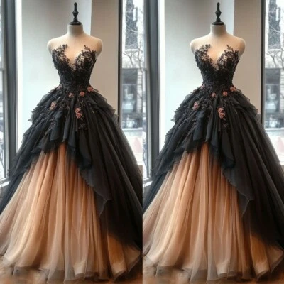 Vintage Black and Champagne Wedding Dresses Sweetheart Neck A Line Bridal Gowns - Image 1 of 4