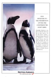 1990 British Airways: Apologies To Inhabitants Penguins Vintage Print Ad - Picture 1 of 1