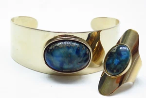 VTG 70s Modern Blue Cabochon Cuff Bracelet and Ring Gold Tone - Picture 1 of 11