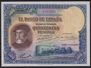 BILLETE ESPAÑA 500 PESETAS 1935 HERNAN CORTES - SIN SERIE - SIN CIRCULAR - Picture 1 of 2
