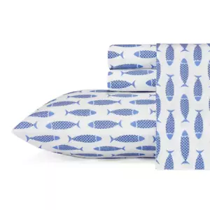 Woodblock Fish 3-Piece Blue Animal Print 200-Thread Count Cotton Twin XL Sheet S - Picture 1 of 12
