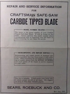 Craftsman Sears Safe-Saw lama punta in carburo 720.4943 manuale riparazione e servizio 1953 - Foto 1 di 1