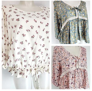 Ladies Vanilla Star Floral Peasant Top Boho Crochet Peplum Balloon 3/4 Sleeve - Picture 1 of 22