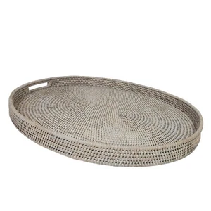 Pottery Barn Artifacts Tava Handwoven Rattan Oval Serving Tray 23" White Wash - Picture 1 of 4