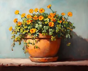 Rustic pot with marigolds and ivy oil painting 8x10 Print - Picture 1 of 1