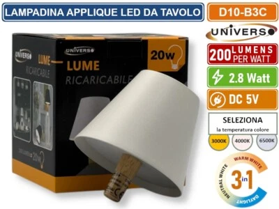 UNIVERSO LAMPADA LED RICARICABILE DA TAVOLO PER BOTTIGLIE COLORE LUCE SELEZIONABILE 3IN1