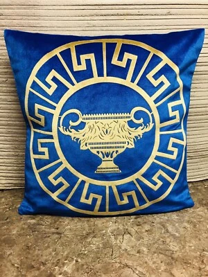Greek Key Circle R Blue & Gold Baroque Cup Decorative Velvet Pillow Throw Cover - Image 1 of 3