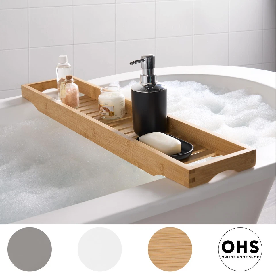 OHS Bamboo Bath Tub Rack Storage Bathroom Caddy Shelf Tray Soap Holder Tidy Unit