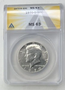 1970-D KENNEDY SILVER HALF DOLLAR ~ BLAST WHITE ANACS MS63! - Picture 1 of 6