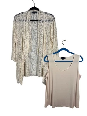 Conjunto Cárdigan Floral Marca Slinky L Beige Tanque Malla Encaje Maduro Preppy Clásico Foto 1 de 4