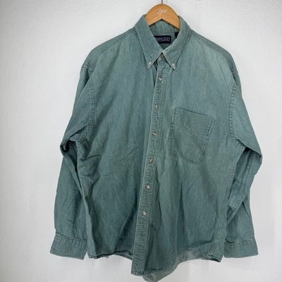 Vtg Lands End Mens Green Chambray Button Down Long Sleeve Denim Shirt Thick USA - Image 1 of 4