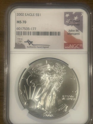 2002 АМЕРИКАНСКИЙ СЕРЕБРЯНЫЙ ОРЕЛ NGC MS70 ДЖОН МЕРКАНТИ НАДПИСЬ КРАСИВАЯ МОНЕТА НИЗКИЙ POP - Изображение 1 из 4