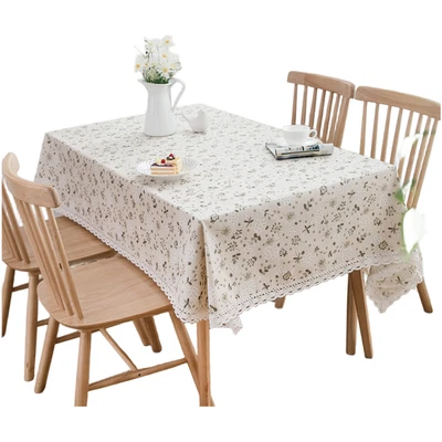 Polyester Cotton Tablecloth with Blue Daisy Print and Decorative Fringe Lace - Image 1 of 4