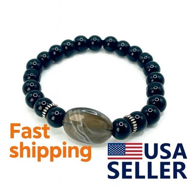Браслет из черного оникса с бисером и натуральным агатом камень подвеска энергетическое исцеление ювелирные изделия - Изображение 1 из 4