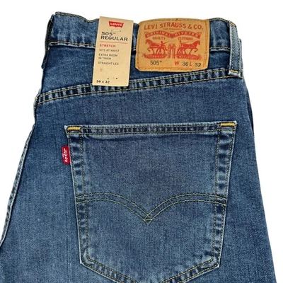 Levi Strauss 505 Mens Jeans 36x32 Regular Stretch Straight Leg Blue Denim NWT - Image 1 of 4