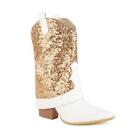 Fashion Women's Pointed Toe Sequins Chunky Heel Mid Calf Boots Casual Party Prom