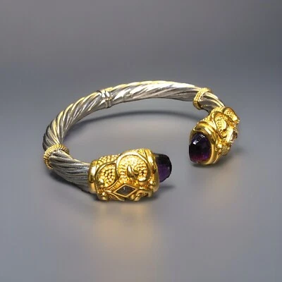 Estate 14K Amethyst ITALIAN Two Tone Hollow Puffed Cuff Bracelet 7” - Image 1 of 4