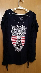 JUSTICE Girl Size Blue Owl shirt top Fringe - Picture 1 of 3