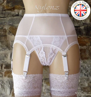 NYLONZ Cinturón suspensor de malla eléctrica de lujo de 6 correas BLANCO (cinturón de liga) NAILONZ 🙂 Hecho en el Reino Unido