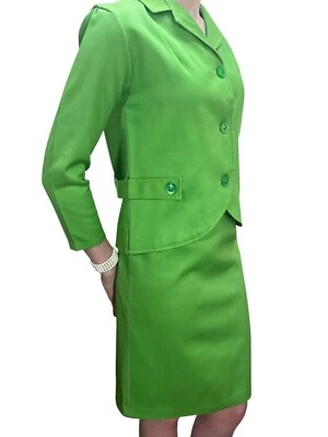 MOD De Colección Años 60 XS~S Vestido Traje Lápiz Falda Chaqueta Blazer Verde Costilla Algodón Conjunto Foto 1 de 4