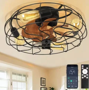Ltemziiy CF-QH-01 20" Indoor Black Caged Ceiling Fan+Lights+Remote FlushMount OB - Picture 1 of 5