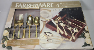 New FARBERWARE 45 Pc 24 kt Gold Plated Flat Ware Svc for 8 Wood Tray FLUTED BEAD
