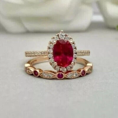 Wedding Bridal Set 2.70Ct Oval Cut Created Red Ruby Rings 14K Yellow Gold Finish - Image 1 of 4