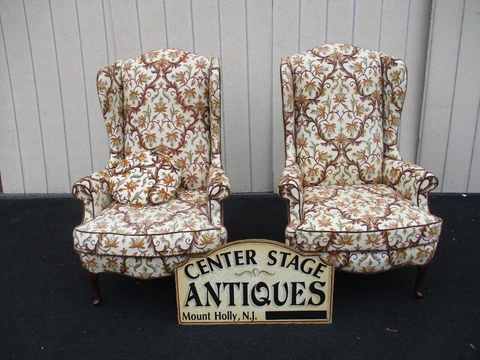 64184   Pair HICKORY  Furniture Crewel Embroidered Queen Anne Wing Chair s Cover