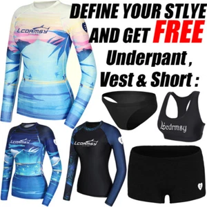 WOMENS RASH GUARD LONG SLEEVE SURF SWIM TOP SHIRTS GET FREE VEST UNDERPANT SHORT - Picture 1 of 23