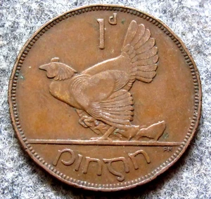IRELAND FREE STATE 1928 1 PINGIN - PENNY, HEN WITH CHICKS & Gaelic Harp km# 3 - Picture 1 of 6