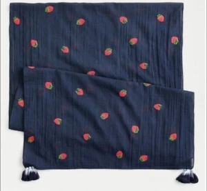 J. Crew Cotton Navy Blue Embroidery Red Strawberry Lightweight Scarf - Picture 1 of 7