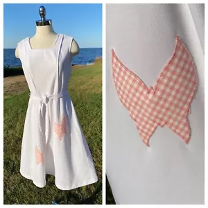 Vtg 70s White Summer Dress Polyester Pink Gingham Butterflies Womens Size 10 12 - Picture 1 of 9