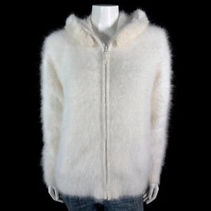 80% Angora Fuzzy Vintage FULLY FASHION White Fur Zipper Hoodie Sweater 40" bust - Picture 1 of 10