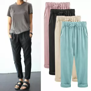 Summer Women Casual Cotton Linen Pant Elastic Waist Loose Jogger Slacks Trousers - Picture 1 of 11