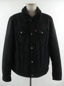 Men's XL Levi's Black Faux Sheepskin Shearling Fur Trucker Jacket Sherpa Red Tab - Picture 1 of 22