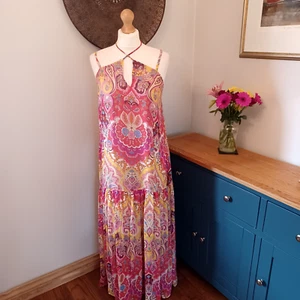 Vestido Rosa Amarillo Estampado Paisley 12 Chifón Tirantes Hilo Dorado Bohemio Retro - Imagen 1 de 13