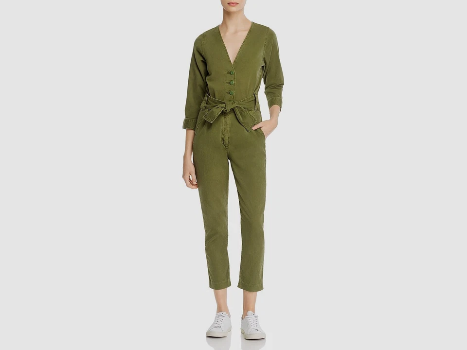 JOIE Women's Green Sashan Stretch Utility V-neck Tie Waist Crop Jumpsuit S