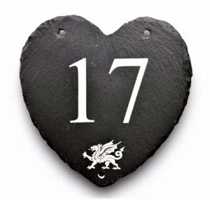 Engraved Large Slate Heart House Number Name Door Plaque Sign Welsh Dragon Wales - Picture 1 of 2